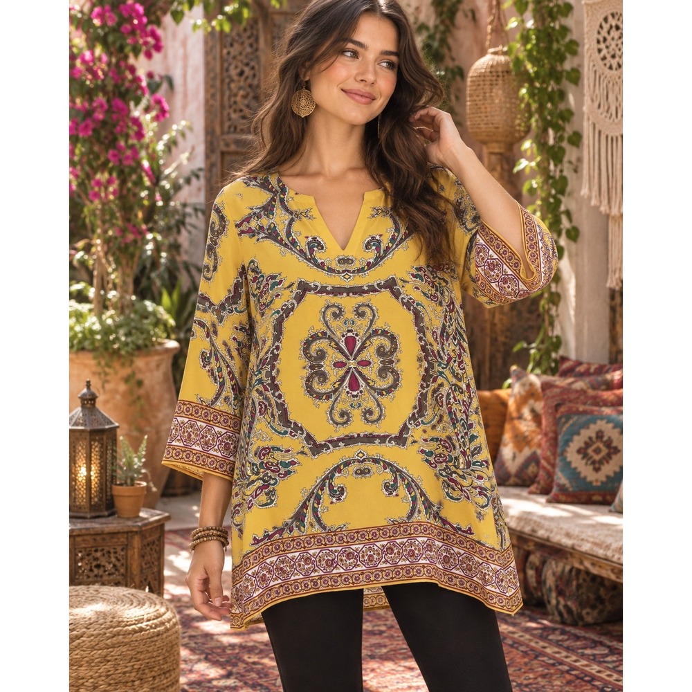 Violet + Claire 1X Yellow Boho Paisley Tunic Top Border Print 3/4 Sleeve